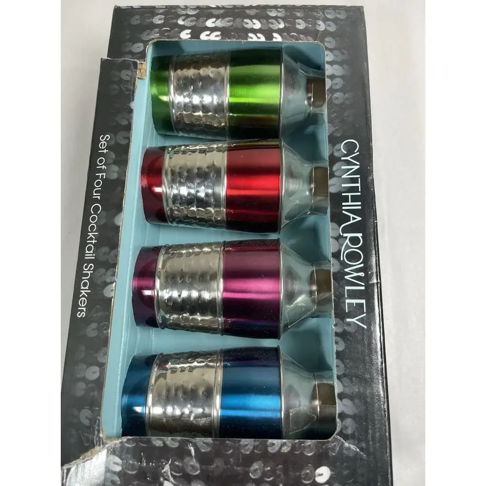 Cynthia Rowley Set of 4 Mini Cocktail Shakers Hammered Metallic Multi-Color